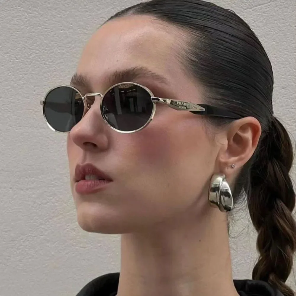 NEW Prada PR65ZS ZVN09T Pale Gold Dark Grey Oval Metal Unisex Sunglasses